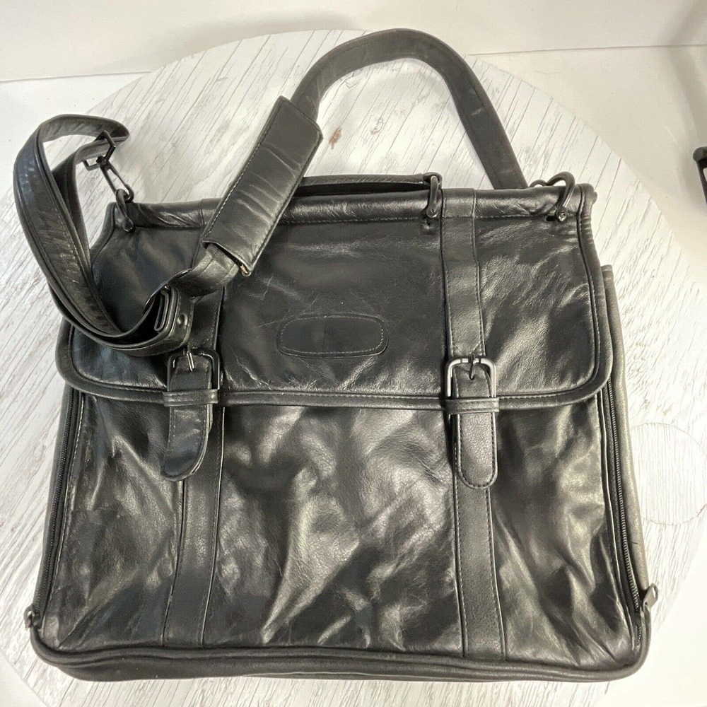 Black Leather Messenger Bag Magnetic Snap Button Close Shoulder Strap